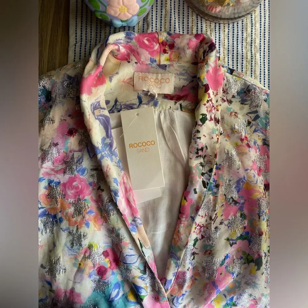 Rococo Sand Floral Leila Metallic Stars Mini Dress Sz XS Wrap Viscose Lined NWT